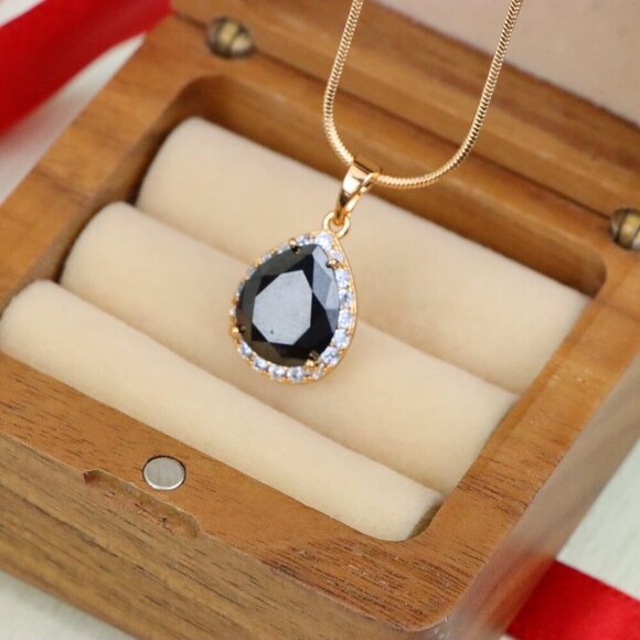 "Teardrop Black Pendant with White Crystal Border in Rose Gold Finish, XPPT1614 - Picture 5 of 13